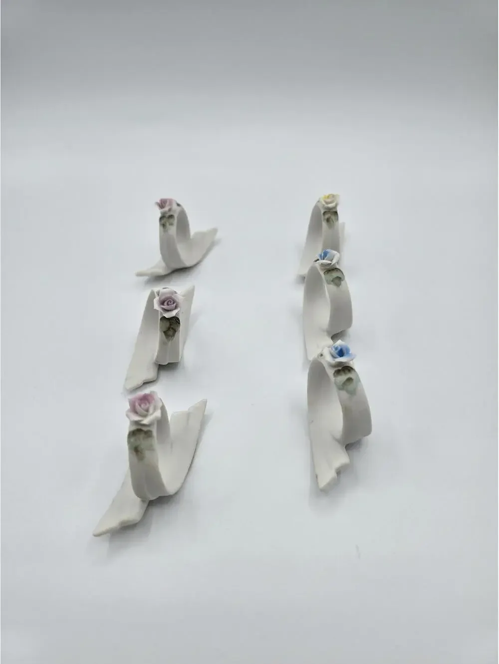 Vintage Set of 6 Rose Pink Yellow Blue Porcelain Napkin Rings Made In Japan